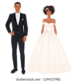 Bride and groom, paper dolls, young woman and man in beautiful wedding looks, gown and suit. Body templates, isolated vector illustration.