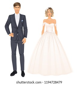 Bride and groom, paper dolls, young woman and man in beautiful wedding looks, gown and suit. Body templates, isolated vector illustration.