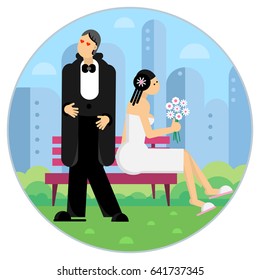 Bride and groom in the park behind the city. Flat design style.  Vector illustration.