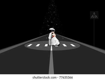 Bride and groom at a pedestrian crossing