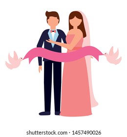 bride and groom pigeons with ribbon wedding day vector illustration