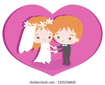 Bride and groom in pink heart. Vector illustration.