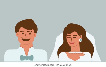 Bride and groom portrait, faces of newlyweds. Wedding, marriage, holiday. Vector illustration for invitations, cards