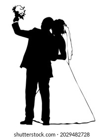 Bride and groom pose for the photographer at the wedding. Isolated silhouettes on white background