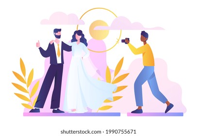 Bride and groom posing on wedding ceremony for shoot. Man with fiancee standing before cameraman. Flat cartoon vector illustration concept web design isolated on white background.