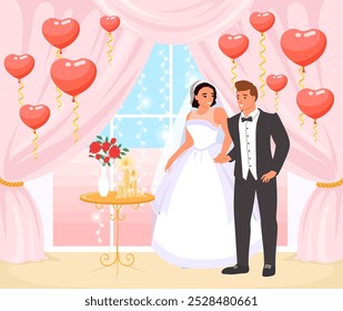 Bride and groom posing for photo vector illustration