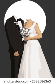 Bride and groom posing together for wedding photo, with faces obscured