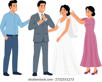 Braut und Bräutigam bereiten sich auf ihren Hochzeitstag mit unterstützenden Familienmitgliedern in der Nähe. Emotionaler Moment vor der Hochzeit, dargestellt in einer klaren, flachen Vektorgrafik, die Liebe, Tradition und Familienbindung darstellt. Systemfamilie