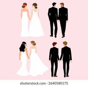 bride and groom , pride month, pride wedding, wedding dress walking and hold hand, marriage couple, gay and lesbian relationship, love and romance, wedding ceremony illustration