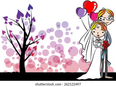 bride and groom with purple tree background vector 