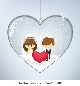 Bride and groom with red heart in heart shape snow globe