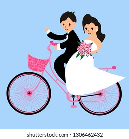The bride and groom are riding a bike to go to the wedding ceremony.