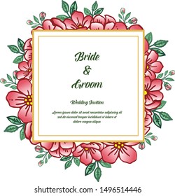 Bride and groom romantic card, with motif green leaves and flower frame. Vector