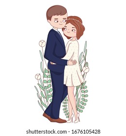 Bride and groom in romantic embrace. elegant illustration of cute romantic couple marriage or engagement. Young fiancee in lace dress and bridegroom in suit. happy couple
