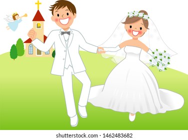 Bride and groom running hand in hand