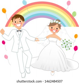 Bride and groom running hand in hand