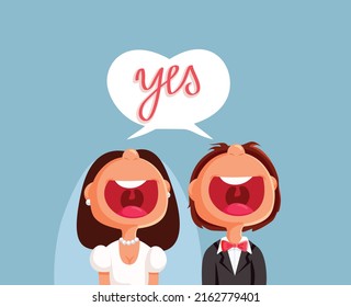 Bride And Groom Saying Yes Vector Cartoon Wedding Invitation. Cheerful Couple Saying I Do During The Ceremony
