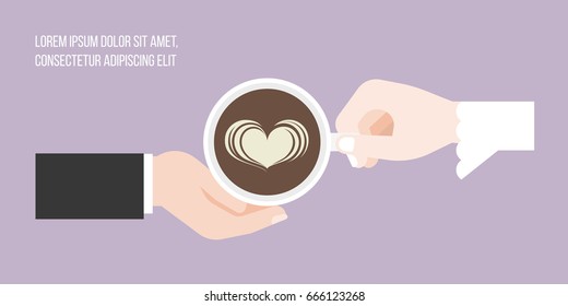 Bride and groom sending heart shape latte art of coffee, flat design vector for use as banner or backdrop of valentine and wedding concept