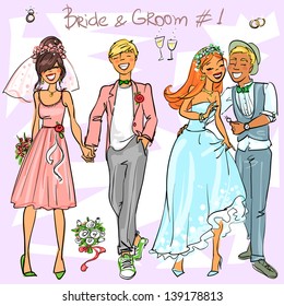 Bride and Groom set 1, Hand drawn Wedding Couples