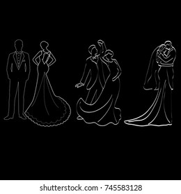 The bride and groom. Set. The black contour of a bride and groom isolated on black background. Vector illustration.