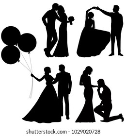 The bride and groom. Set. Collection. The black silhouette of bride and groom on a white background. Vector illustration.