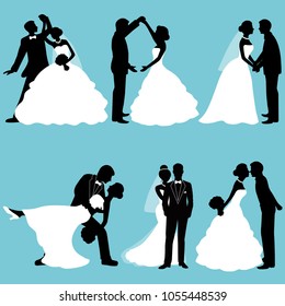 The bride and groom. Set. Collection. The black silhouette of bride and groom on a white background. Vector illustration.