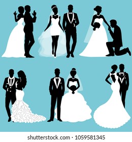 The bride and groom. Set. Collection. The black silhouette of bride and groom on a white background. Vector illustration.