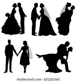 The bride and groom. Set. Collection. The black silhouette of bride and groom on a white background. Vector illustration.