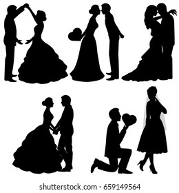 The bride and groom. Set. Collection. The black silhouette of bride and groom on a white background. Vector illustration.
