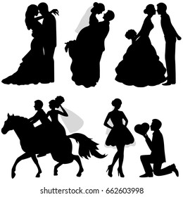 The bride and groom. Set. Collection. The black silhouette of bride and groom on a white background. Vector illustration.