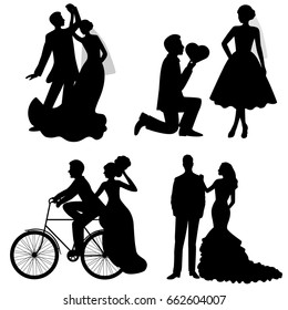 The bride and groom. Set. Collection. The black silhouette of bride and groom on a white background. Vector illustration.