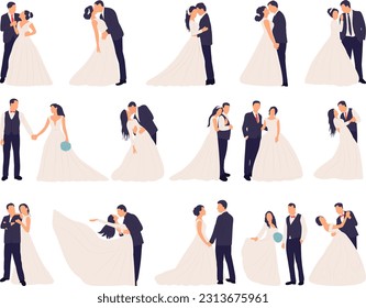 bride and groom, set, collection on white background in flat style, isolated vector