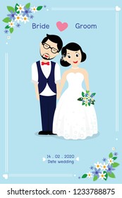 Bride and groom set. Happy Couple celebrating marriage, dancing, kissing, hugging, holding each other in arms, cut cake, Cute wedding card cartoon bride and groom,  wear glasses.vector