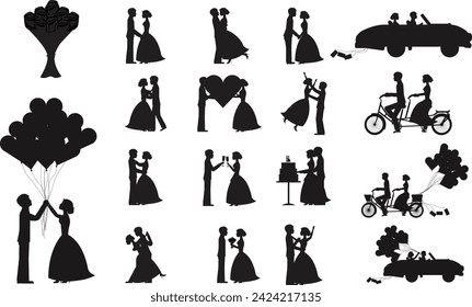 Braut und Bräutigam Set Silhouette isoliert. Sammlung von Hochzeit Bräutigam und Braut Umarmung, Kuss, Zweck, Luftballons, Auto, Blumen, schneiden Kuchen, Dreirad, Liebe machen. Verwendet für Hintergrundbanner Editierbare EPS