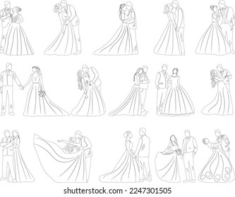 boceto de bodas para recién casados, contorno vector aislado