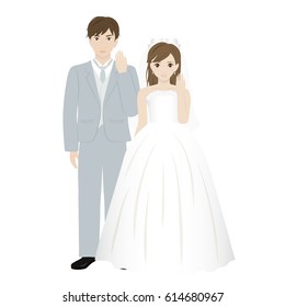 A bride and groom showing a wedding ring.