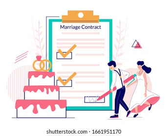 Bride and groom signing marriage contract, vector flat Illustration. Happy couple getting married and signing marriage contract or prenuptial agreement form with check marks on huge clipboard.