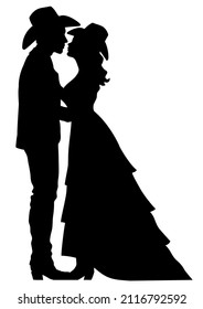 bride and groom silhouette isolated on white. Vector country wedding groom and bride with cowboy hat and cowboy boots
