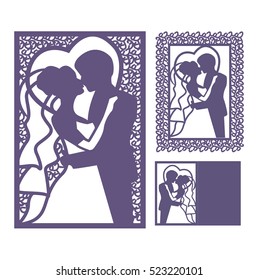 Bride and groom silhouette. Laser cut invitation. Vector postcard cutting paper. Floral motifs lace. Frame from flowers ornament.  Wedding invitation envelope mock-up for laser cutting. 