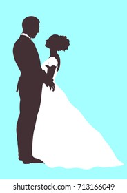 Bride and groom silhouette, vector icon, outline cartoon contour drawing. Couple in love hugging looking at each other, dressed in a wedding white dress and a suit, isolated on blue background