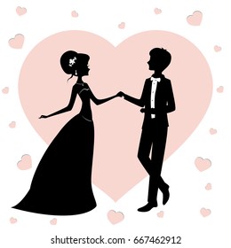 Bride and groom silhouette vector illustration. Newlyweds against the background of hearts. 