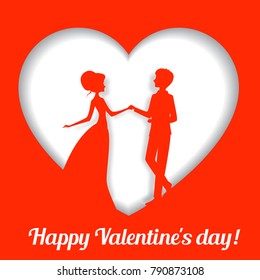 Bride and groom silhouette vector illustration. Newlyweds against the background of hearts. Paper style card design. Valentine's day.