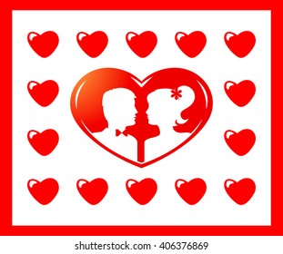 Bride and groom silhouettes in heart. White against red background. Vector