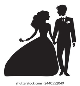 Bride and groom silhouettes isolated on white background, vector illustration