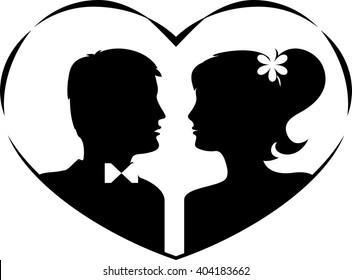 Bride and groom silhouettes.Black against white background. Vector
