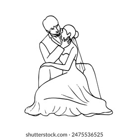 bride and groom sitting next to each other and looking tenderly at each other - hand drawn doodle illustration of man and woman in formal attire pose for photo