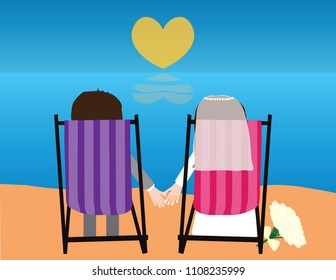 Bride a groom sitting on beach chairs looking at the sea