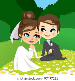 Bride and groom sitting on the grass in a beautiful flower garden touching hands tenderly