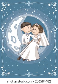 Bride and Groom Sitting on the Moon Cartoon - Vector cartoon of a newlywed couple in the sky