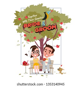bride and groom sitting under tree of love. wedding invitation card concept - vector illustration
